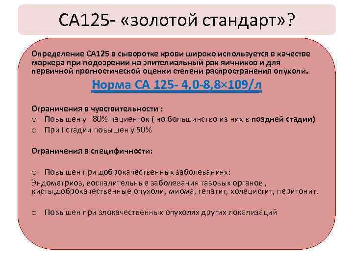 СА 125 - «золотой стандарт» ? Определение СА 125 в сыворотке крови широко используется