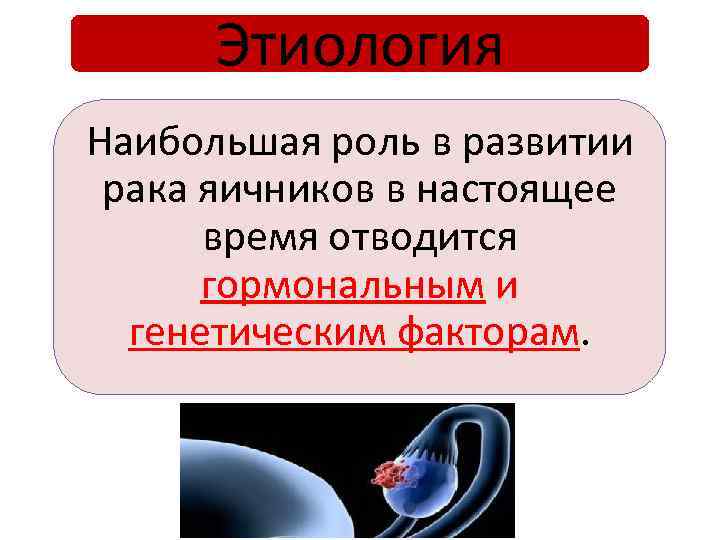Этиология Наибольшая роль в развитии рака яичников в настоящее время отводится гормональным и генетическим