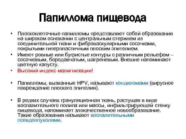 Папиллома пищевода • Плоскоклеточные папилломы представляют собой образования на широком основании с центральным стержнем