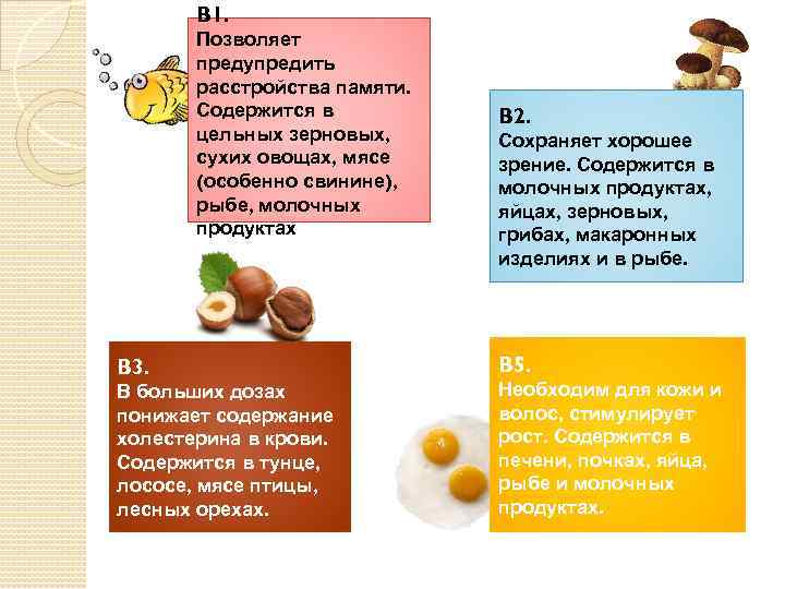 B 1. Позволяет предупредить расстройства памяти. Содержится в цельных зерновых, сухих овощах, мясе (особенно