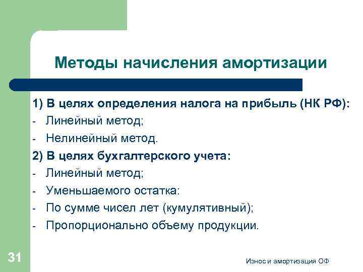 Методы начисления амортизации 1) В целях определения налога на прибыль (НК РФ): - Линейный