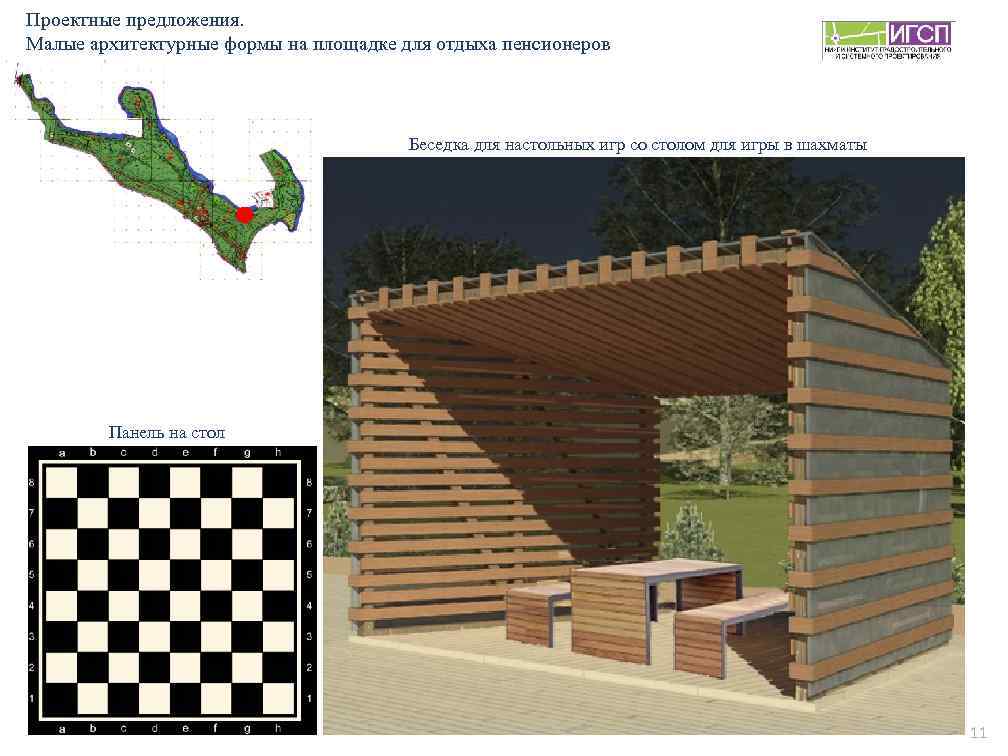 Проектные предложения. Малые архитектурные формы на площадке для отдыха пенсионеров Беседка для настольных игр