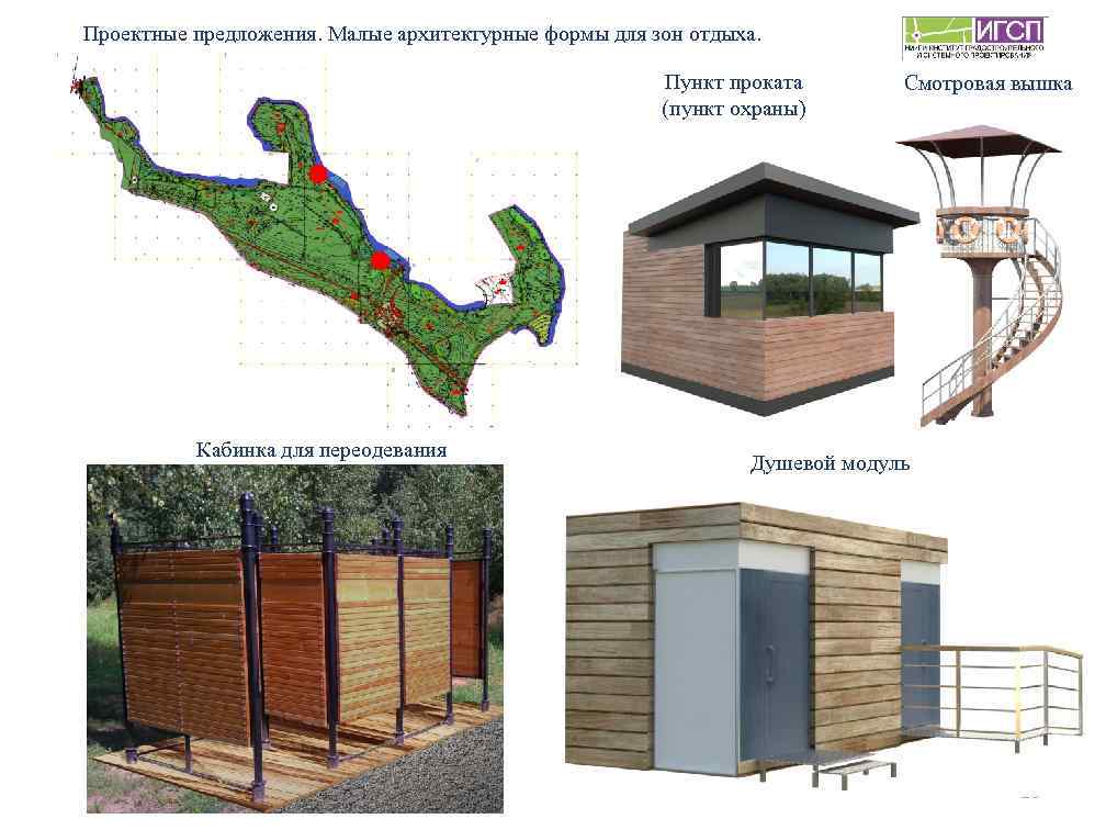 Проектные предложения. Малые архитектурные формы для зон отдыха. Пункт проката (пункт охраны) Кабинка для