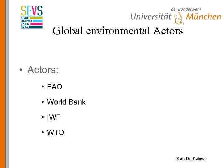 Global environmental Actors • Actors: • FAO • World Bank • IWF • WTO