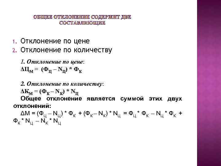 1. 2. Отклонение по цене Отклонение по количеству 1. Отклонение по цене: ΔЦМ =