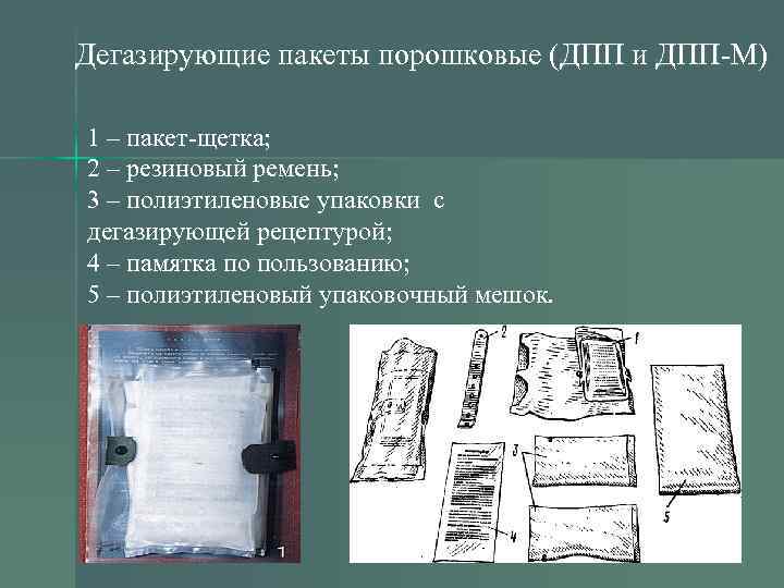 Дегазирующие пакеты порошковые (ДПП и ДПП-М) 1 – пакет-щетка; 2 – резиновый ремень; 3