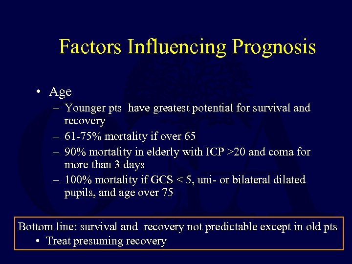 Factors Influencing Prognosis • Age – Younger pts have greatest potential for survival and