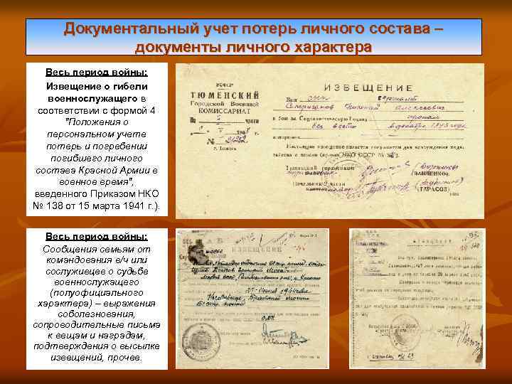 Документальный учет потерь личного состава – документы личного характера Весь период войны: Извещение о