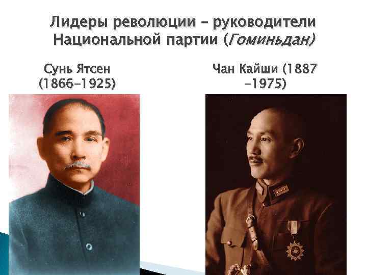 Лидеры революции – руководители Национальной партии (Гоминьдан) Сунь Ятсен (1866 -1925) Чан Кайши (1887
