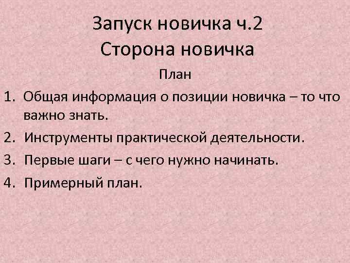 Запуск новичка ч. 2 Сторона новичка 1. 2. 3. 4. План Общая информация о