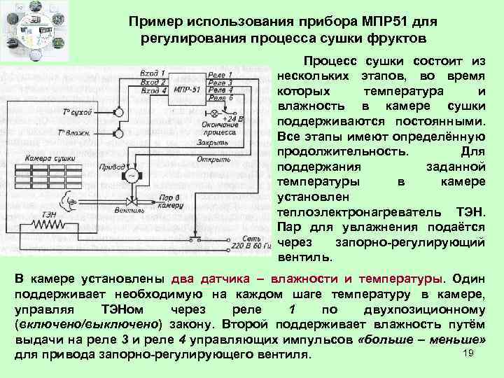 Пример использования прибора МПР 51 для регулирования процесса сушки фруктов Процесс сушки состоит из