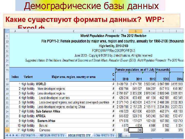 Демографические базы данных Какие существуют форматы данных? WPP: Excel ф. 