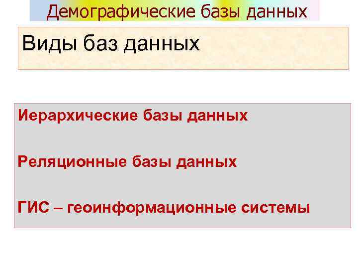Демографические базы данных Виды баз данных Иерархические базы данных Реляционные базы данных ГИС –
