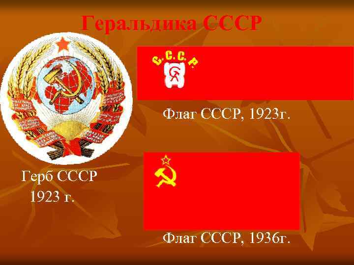 Геральдика СССР Флаг СССР, 1923 г. Герб СССР 1923 г. Флаг СССР, 1936 г.