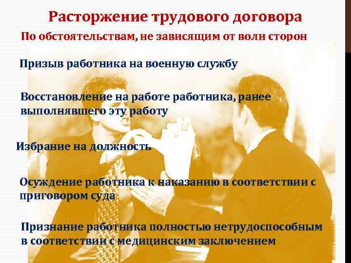 Расторжение трудового договора По обстоятельствам, не зависящим от воли сторон Призыв работника на военную