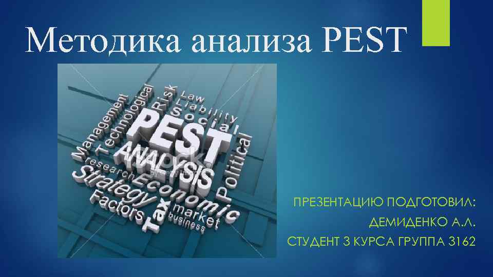 Методика анализа PEST ПРЕЗЕНТАЦИЮ ПОДГОТОВИЛ: ДЕМИДЕНКО А. Л. СТУДЕНТ 3 КУРСА ГРУППА 3162 