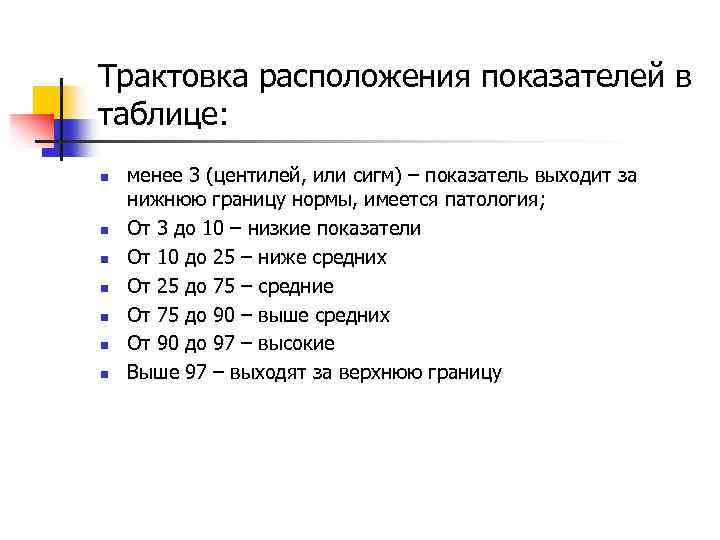 Трактовка расположения показателей в таблице: n n n n менее 3 (центилей, или сигм)
