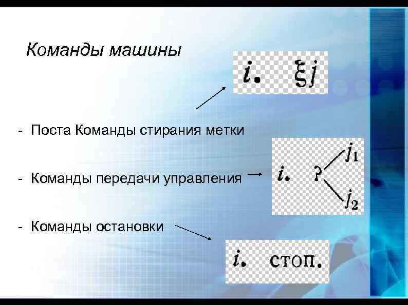 Команды машины - Поста Команды стирания метки - Команды передачи управления - Команды остановки