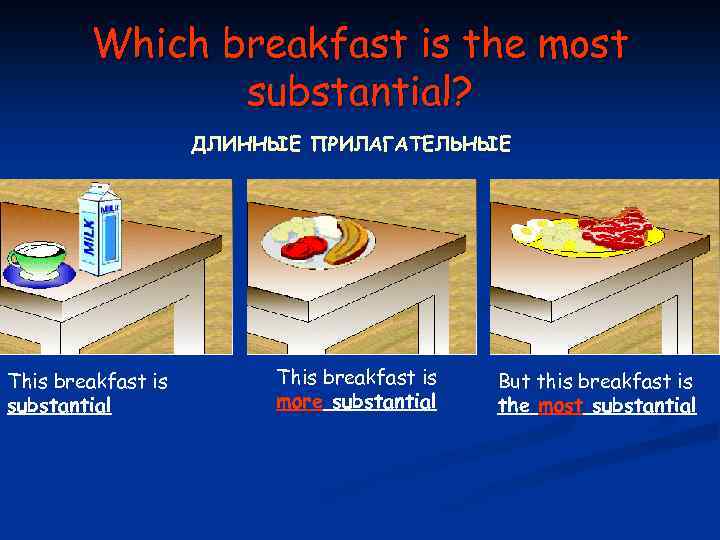 Which breakfast is the most substantial? ДЛИННЫЕ ПРИЛАГАТЕЛЬНЫЕ This breakfast is substantial This breakfast