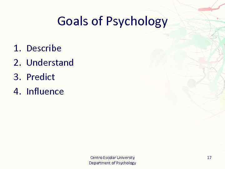 Goals of Psychology 1. 2. 3. 4. Describe Understand Predict Influence Centro Escolar University