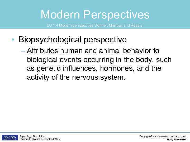 Modern Perspectives LO 1. 4 Modern perspectives Skinner, Maslow, and Rogers • Biopsychological perspective