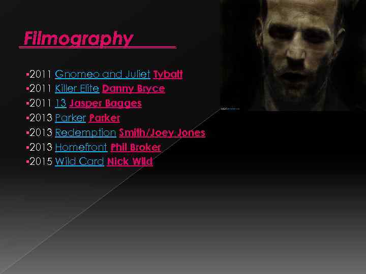 Filmography § 2011 Gnomeo and Juliet Tybalt § 2011 Killer Elite Danny Bryce §