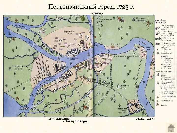 Первоначальный город. 1725 г. на Выборг на Петергоф и Нарву на Москву и Новгород