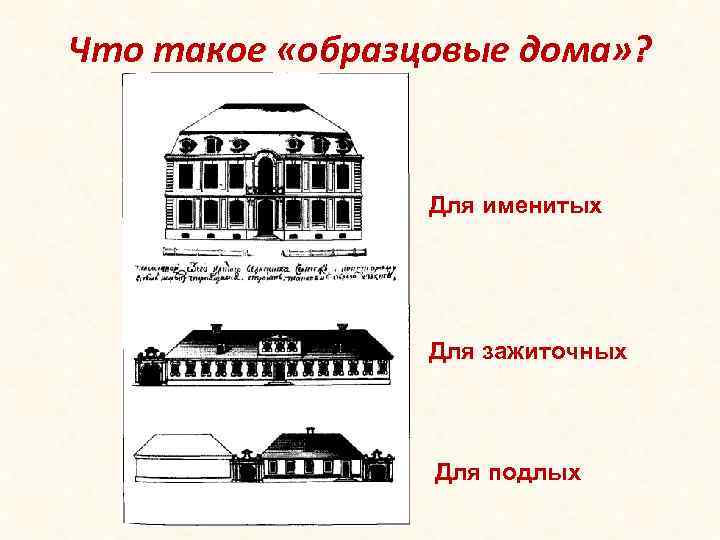 Что такое «образцовые дома» ? Для именитых Для зажиточных Для подлых 