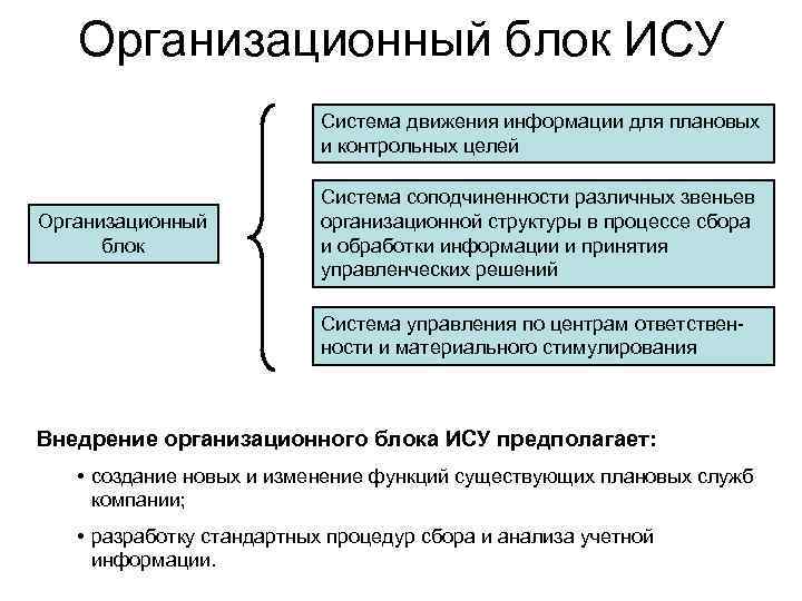 Организационный блок ИСУ Система движения информации для плановых и контрольных целей Организационный блок Система