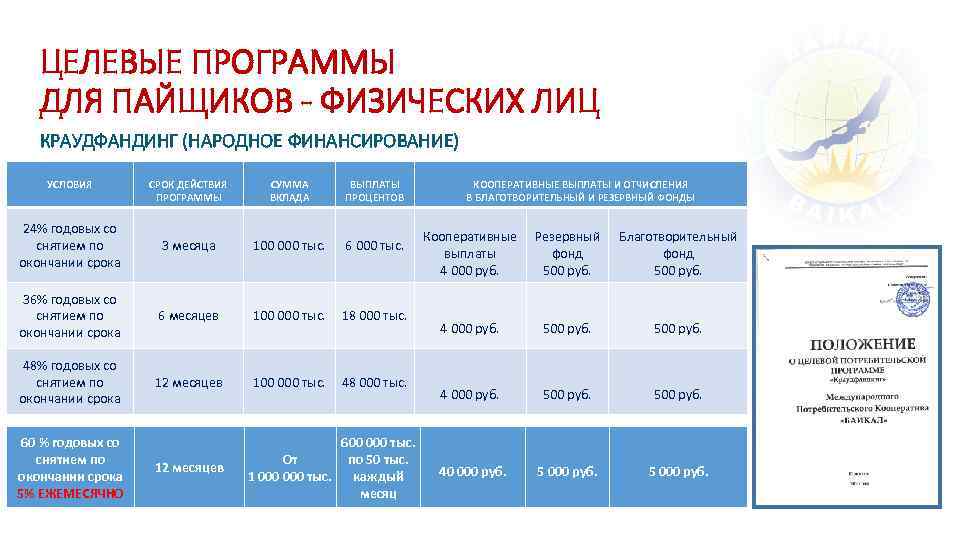 ЦЕЛЕВЫЕ ПРОГРАММЫ ДЛЯ ПАЙЩИКОВ - ФИЗИЧЕСКИХ ЛИЦ КРАУДФАНДИНГ (НАРОДНОЕ ФИНАНСИРОВАНИЕ) УСЛОВИЯ СРОК ДЕЙСТВИЯ ПРОГРАММЫ