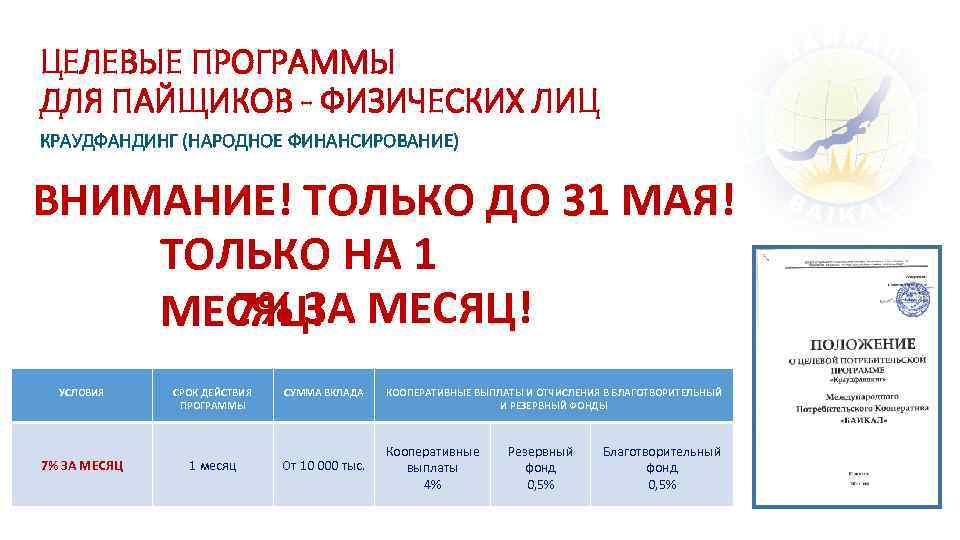 ЦЕЛЕВЫЕ ПРОГРАММЫ ДЛЯ ПАЙЩИКОВ - ФИЗИЧЕСКИХ ЛИЦ КРАУДФАНДИНГ (НАРОДНОЕ ФИНАНСИРОВАНИЕ) ВНИМАНИЕ! ТОЛЬКО ДО 31