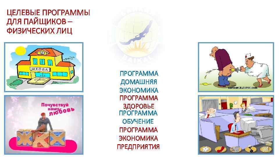 ЦЕЛЕВЫЕ ПРОГРАММЫ ДЛЯ ПАЙЩИКОВ – ФИЗИЧЕСКИХ ЛИЦ ПРОГРАММА ДОМАШНЯЯ ЭКОНОМИКА ПРОГРАММА ЗДОРОВЬЕ ПРОГРАММА ОБУЧЕНИЕ