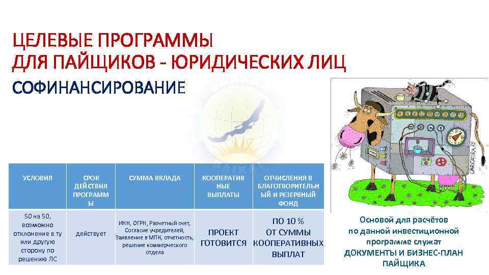 ЦЕЛЕВЫЕ ПРОГРАММЫ ДЛЯ ПАЙЩИКОВ - ЮРИДИЧЕСКИХ ЛИЦ СОФИНАНСИРОВАНИЕ УСЛОВИЯ 50 на 50, возможно отклонение