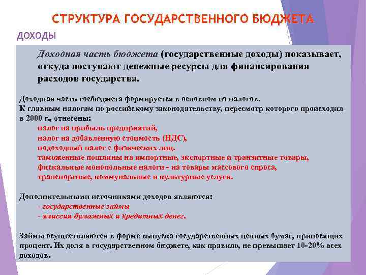 СТРУКТУРА ГОСУДАРСТВЕННОГО БЮДЖЕТА ДОХОДЫ Доходная часть бюджета (государственные доходы) показывает, откуда поступают денежные ресурсы