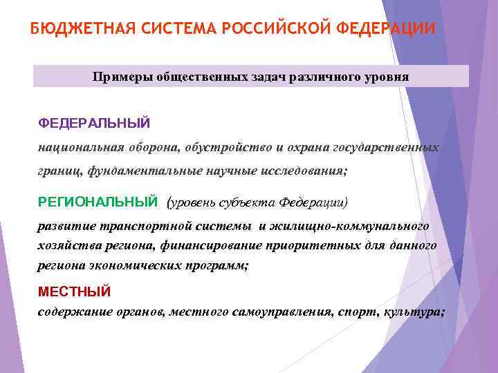 БЮДЖЕТНАЯ СИСТЕМА РОССИЙСКОЙ ФЕДЕРАЦИИ Примеры общественных задач различного уровня ФЕДЕРАЛЬНЫЙ национальная оборона, обустройство и
