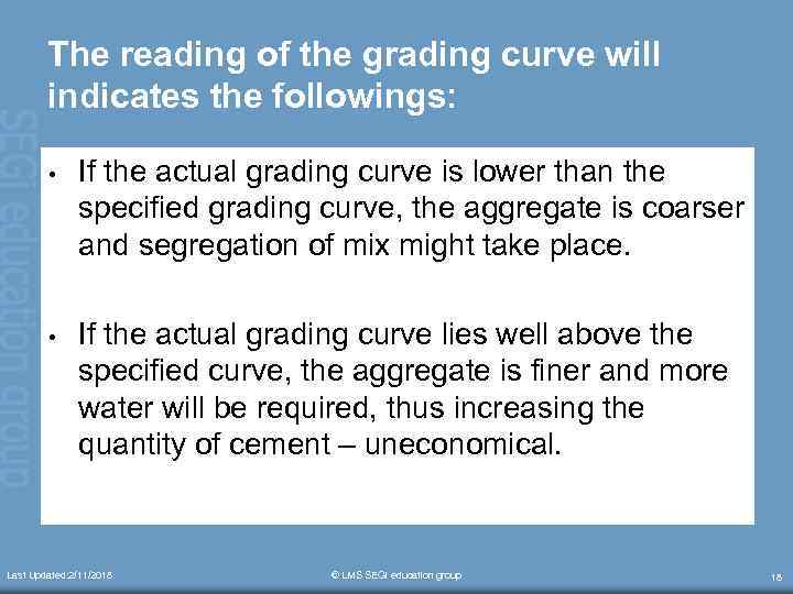 The reading of the grading curve will indicates the followings: • If the actual
