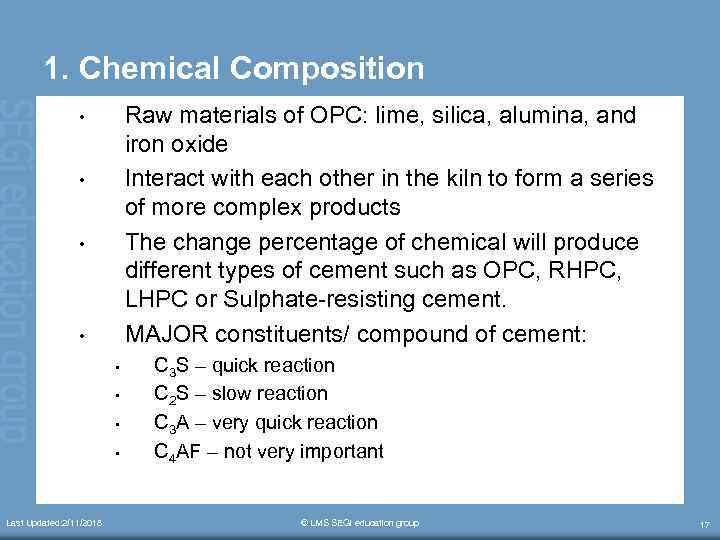 1. Chemical Composition Raw materials of OPC: lime, silica, alumina, and iron oxide Interact