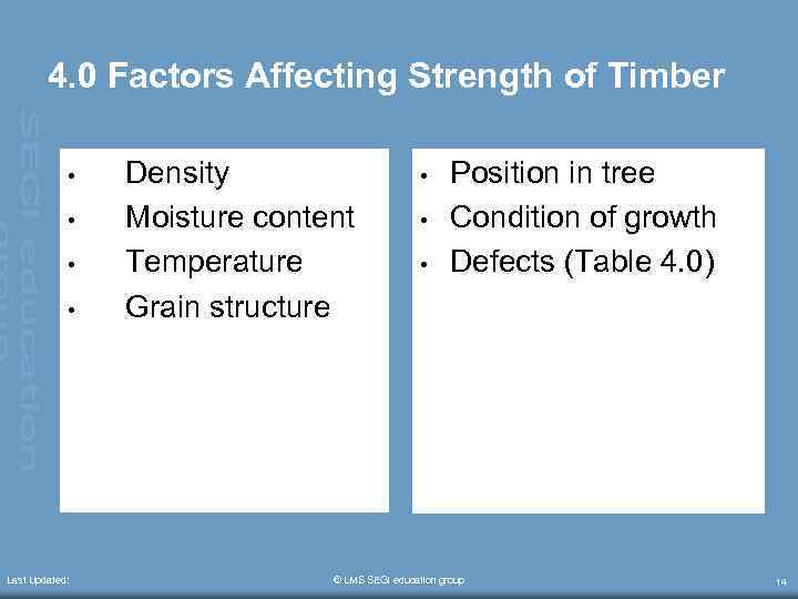 4. 0 Factors Affecting Strength of Timber • • Last Updated: Density Moisture content