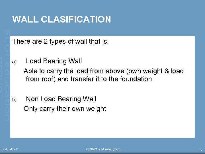 WALL CLASIFICATION There are 2 types of wall that is: a) Load Bearing Wall