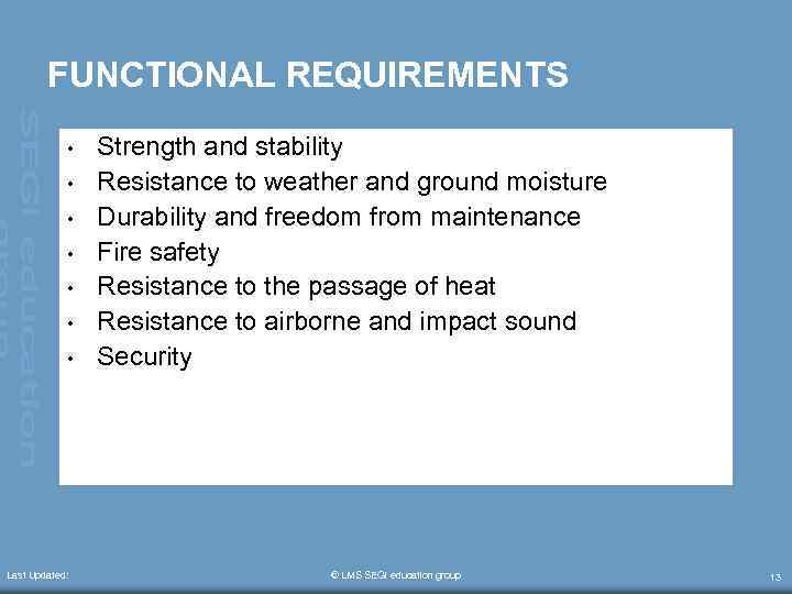 FUNCTIONAL REQUIREMENTS • • Last Updated: Strength and stability Resistance to weather and ground