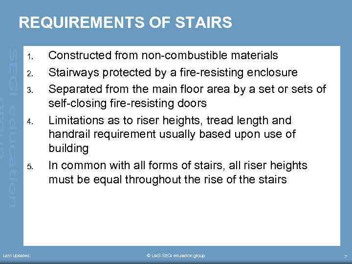REQUIREMENTS OF STAIRS 1. 2. 3. 4. 5. Last Updated: Constructed from non-combustible materials