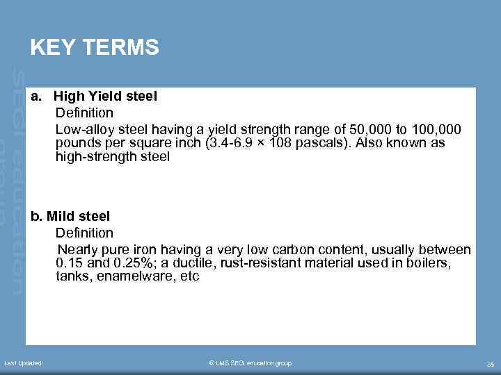 KEY TERMS a. High Yield steel Definition Low-alloy steel having a yield strength range