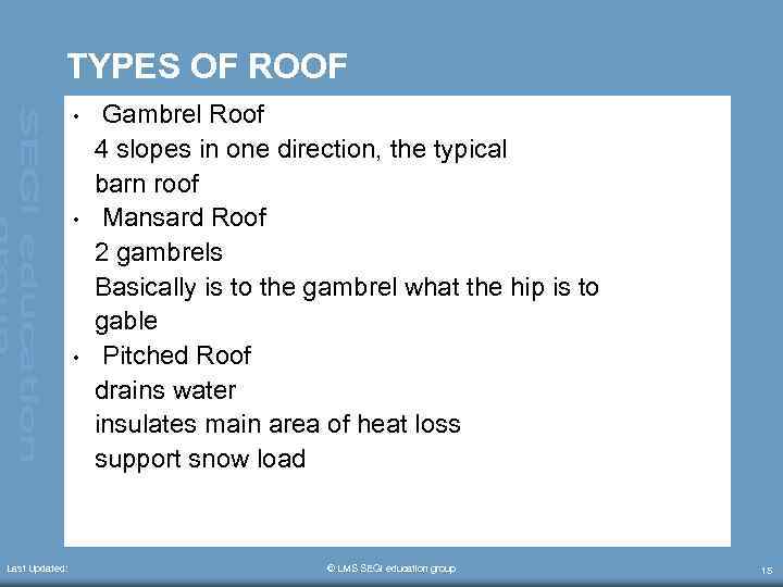 TYPES OF ROOF Gambrel Roof 4 slopes in one direction, the typical barn roof