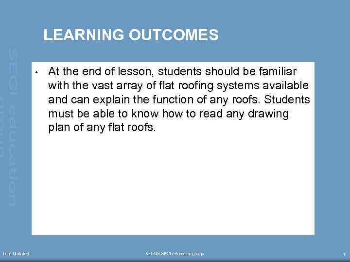LEARNING OUTCOMES • Last Updated: At the end of lesson, students should be familiar