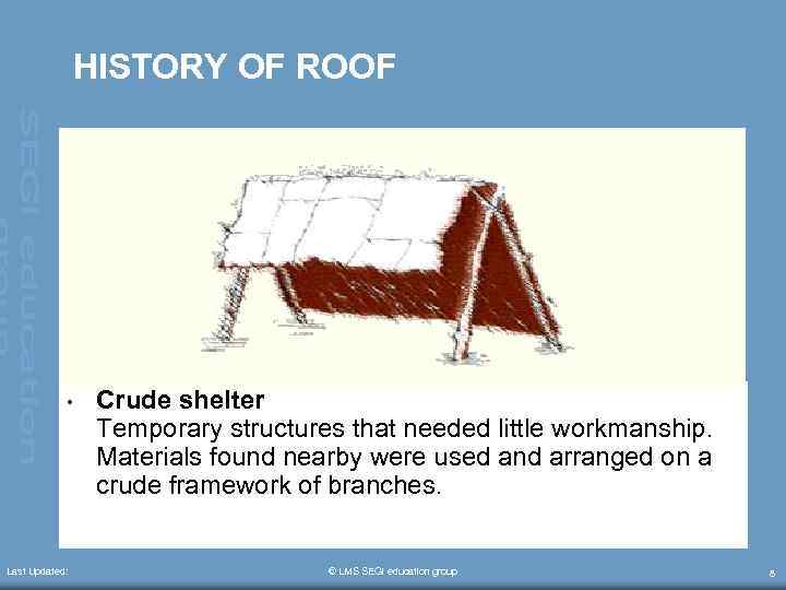 HISTORY OF ROOF • Last Updated: Crude shelter Temporary structures that needed little workmanship.