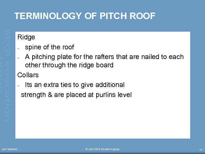 TERMINOLOGY OF PITCH ROOF Ridge - spine of the roof - A pitching plate