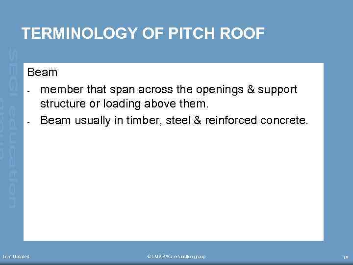 TERMINOLOGY OF PITCH ROOF Beam - member that span across the openings & support