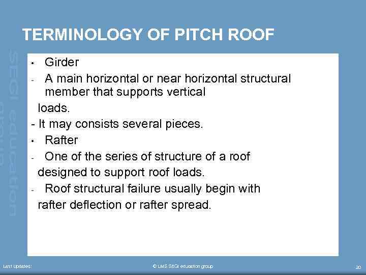 TERMINOLOGY OF PITCH ROOF Girder - A main horizontal or near horizontal structural member