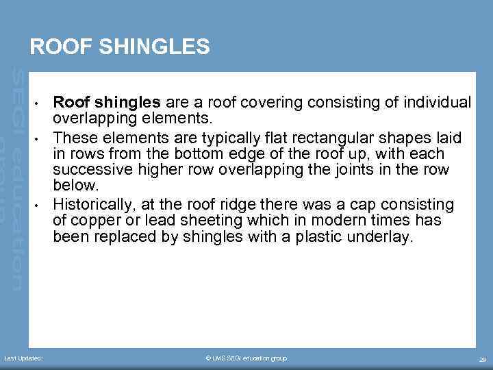 ROOF SHINGLES • • • Last Updated: Roof shingles are a roof covering consisting