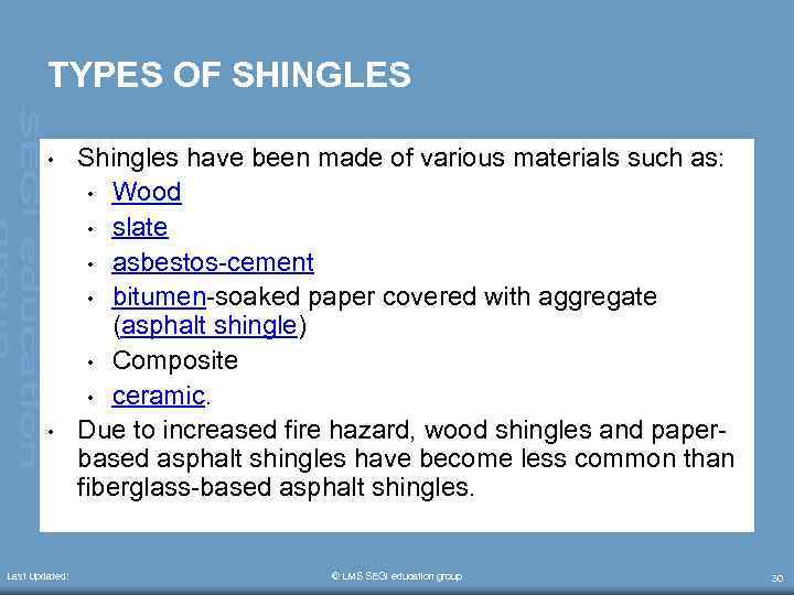 TYPES OF SHINGLES • • Last Updated: Shingles have been made of various materials